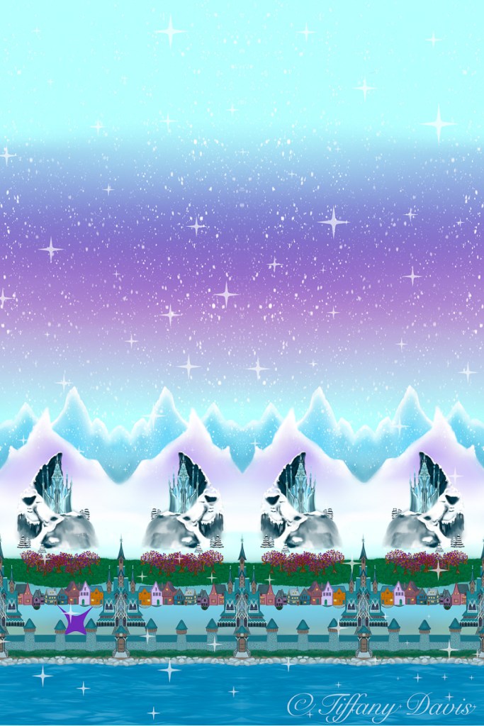 Two castles with a backdrop of the northern lights